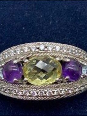 Judith Ripka Sterling Silver Lemon Quartz, Amethyst and Topaz Ring -Sz 8
